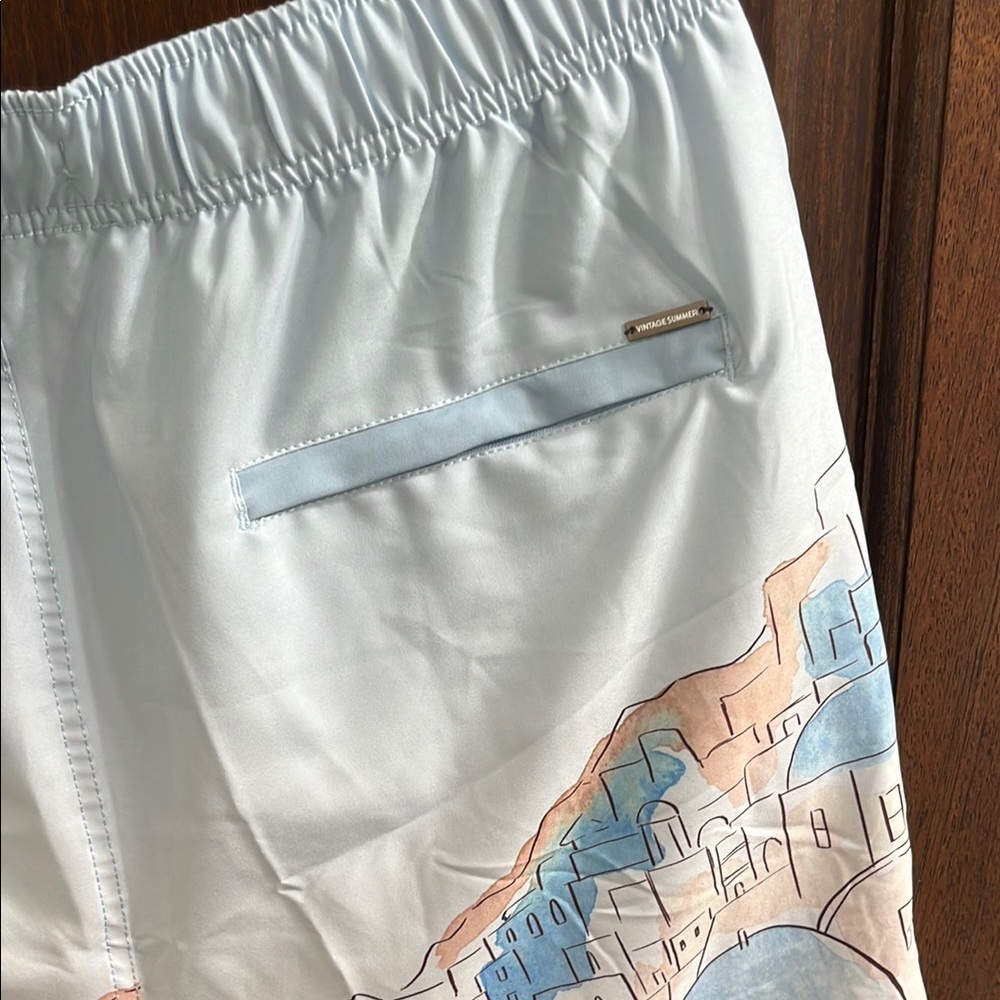 Blue and White Swim Trunks with Artistic Design - Picture 5 of 5